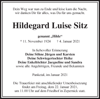 Traueranzeige von Hildegard Luise Sitz von Märkische Oderzeitung