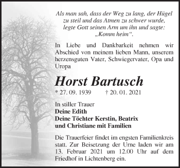 Traueranzeige von Horst Bartusch von Märkische Oderzeitung