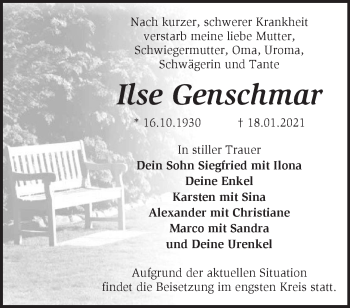 Traueranzeige von Ilse Genschmar von Märkische Oderzeitung