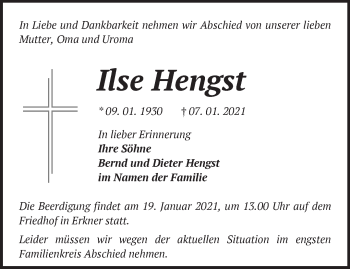 Traueranzeige von Ilse Hengst von Märkische Oderzeitung