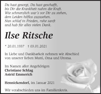 Traueranzeige von Ilse Ritsche von Märkische Oderzeitung