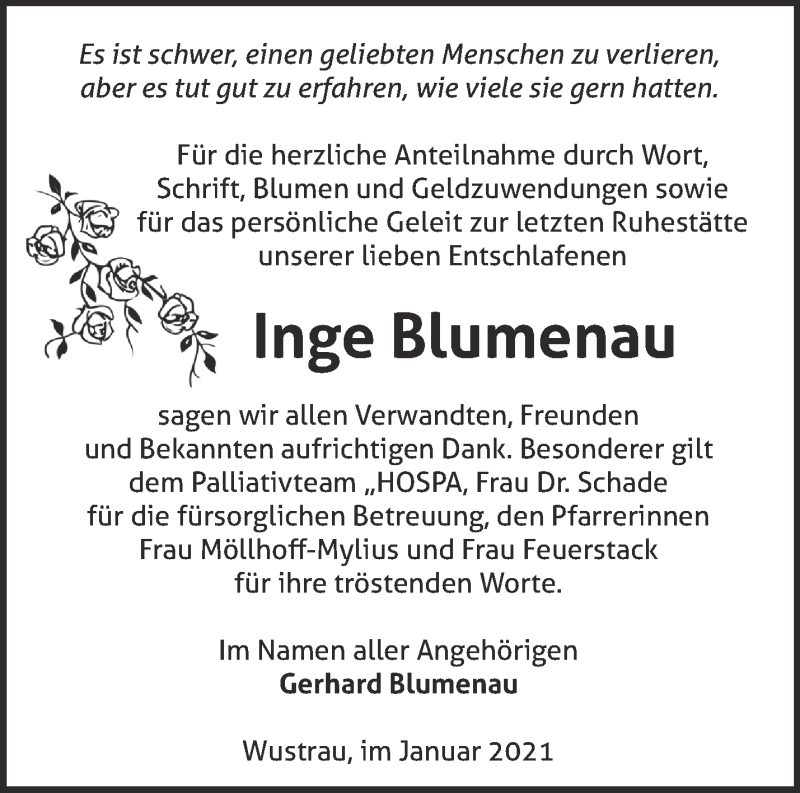  Traueranzeige für Inge Blumenau vom 30.01.2021 aus Märkische Oderzeitung
