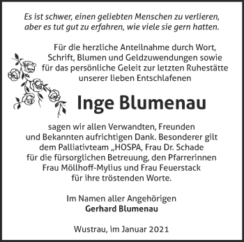 Traueranzeige von Inge Blumenau von Märkische Oderzeitung