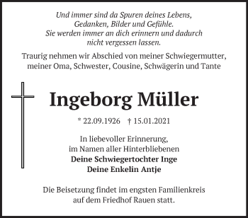 Traueranzeige von Ingeborg Müller von Märkische Oderzeitung