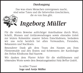 Traueranzeige von Ingeborg Müller von Märkische Oderzeitung