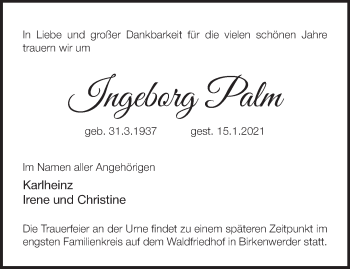 Traueranzeige von Ingeborg Palm von Märkische Oderzeitung