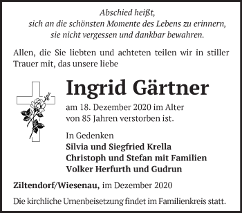 Traueranzeige von Ingrid Gärtner von Märkische Oderzeitung