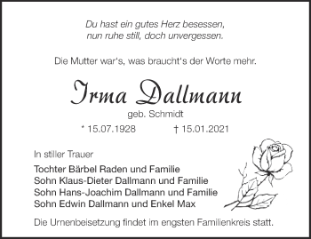 Traueranzeige von Irma Dallmann von Märkische Oderzeitung