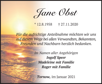 Traueranzeige von Jane Obst von Märkische Oderzeitung