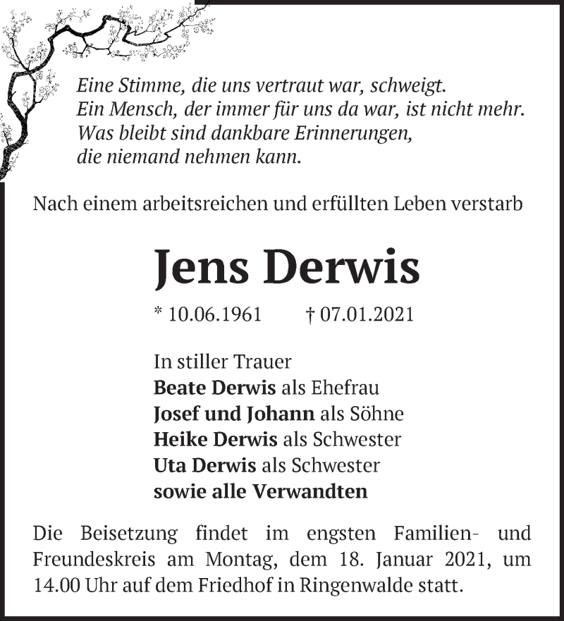  Traueranzeige für Jens Derwis vom 13.01.2021 aus Märkische Oderzeitung