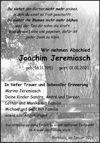 Traueranzeige von Joachim Jeremiasch von Märkische Oderzeitung