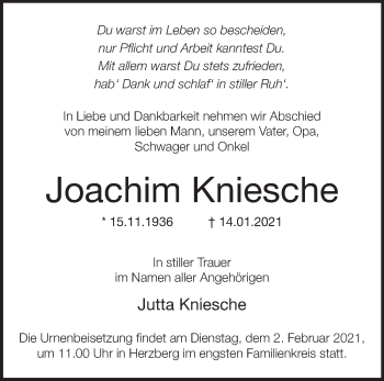 Traueranzeige von Joachim Kniesche von Märkische Oderzeitung