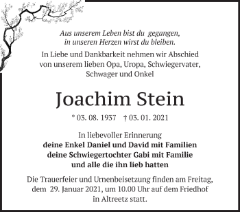 Traueranzeige von Joachim Stein von Märkische Oderzeitung