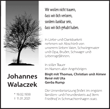 Traueranzeige von Johannes Walaczek von Märkische Oderzeitung