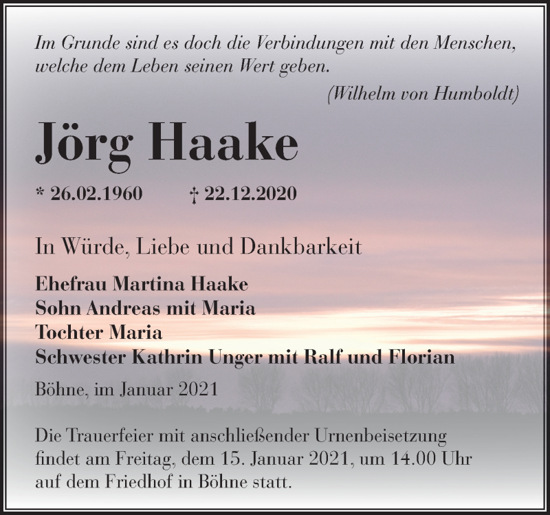  Traueranzeige für Jörg Haake vom 10.01.2021 aus Märkische Oderzeitung