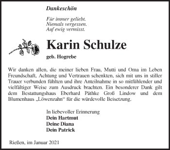 Traueranzeige von Karin Schulze von Märkische Oderzeitung