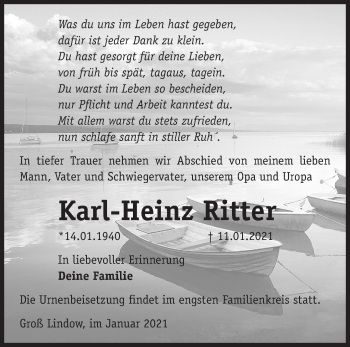 Traueranzeige von Karl-Heinz Ritter von Märkische Oderzeitung