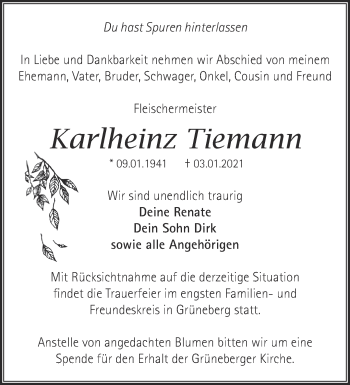 Traueranzeige von Karlheinz Tiemann von Märkische Oderzeitung