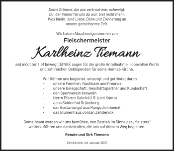 Traueranzeige von Karlheinz Tiemann von Märkische Oderzeitung