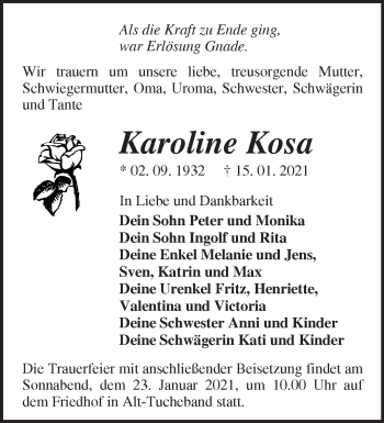 Traueranzeige von Karoline Kosa von Märkische Oderzeitung