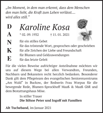 Traueranzeige von Karoline Kosa von Märkische Oderzeitung