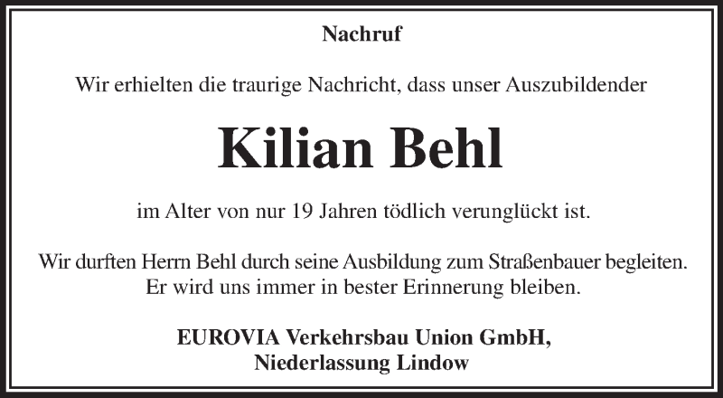  Traueranzeige für Kilian Behl vom 02.01.2021 aus Märkische Oderzeitung
