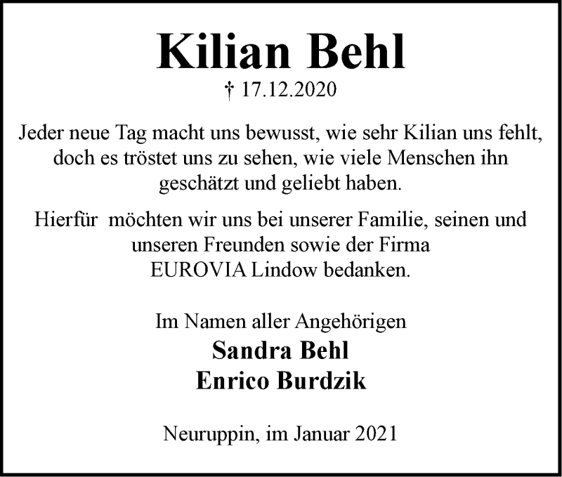 Traueranzeige für Kilian Behl vom 16.01.2021 aus Märkische Oderzeitung