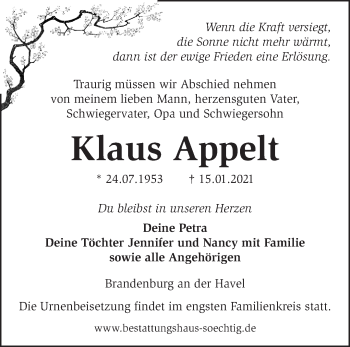 Traueranzeige von Klaus Appelt von Märkische Oderzeitung