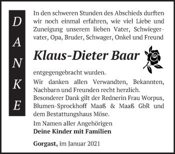 Traueranzeige von Klaus-Dieter Baar von Märkische Oderzeitung