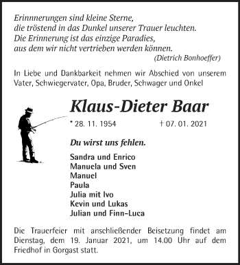 Traueranzeige von Klaus-Dieter Baar von Märkische Oderzeitung