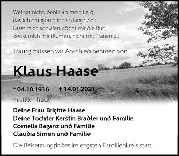 Traueranzeige von Klaus Haase von Märkische Oderzeitung