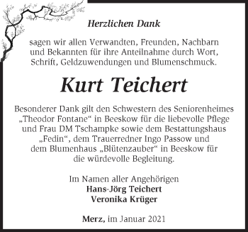 Traueranzeige von Kurt Teichert von Märkische Oderzeitung