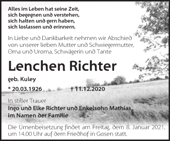 Traueranzeige von Lenchen Richter von Märkische Oderzeitung