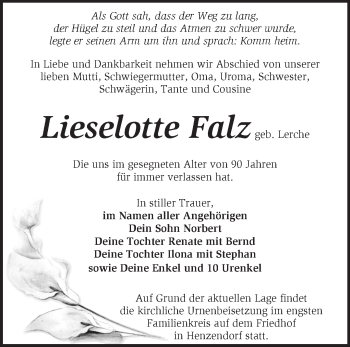 Traueranzeige von Lieselotte Falz von Märkische Oderzeitung