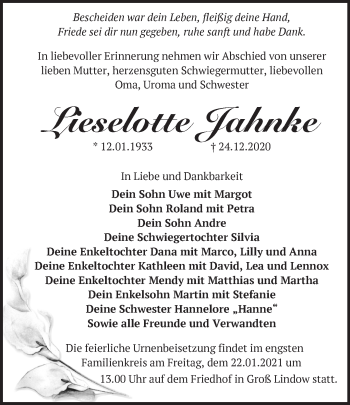 Traueranzeige von Lieselotte Jahnke von Märkische Oderzeitung