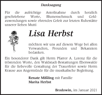 Traueranzeige von Lisa Herbst von Märkische Oderzeitung