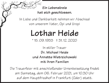 Traueranzeige von Lothar Heide von Märkische Oderzeitung