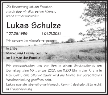 Traueranzeige von Lukas Schulze von Märkische Oderzeitung