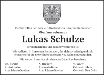 Traueranzeige von Lukas Schulze von Märkische Oderzeitung