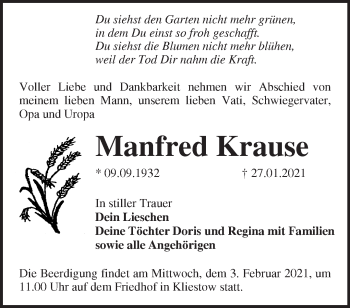 Traueranzeige von Manfred Krause von Märkische Oderzeitung