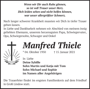 Traueranzeige von Manfred Thiele von Märkische Oderzeitung