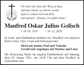 Traueranzeige von Manfred Oskar Julius Golisch von Märkische Oderzeitung