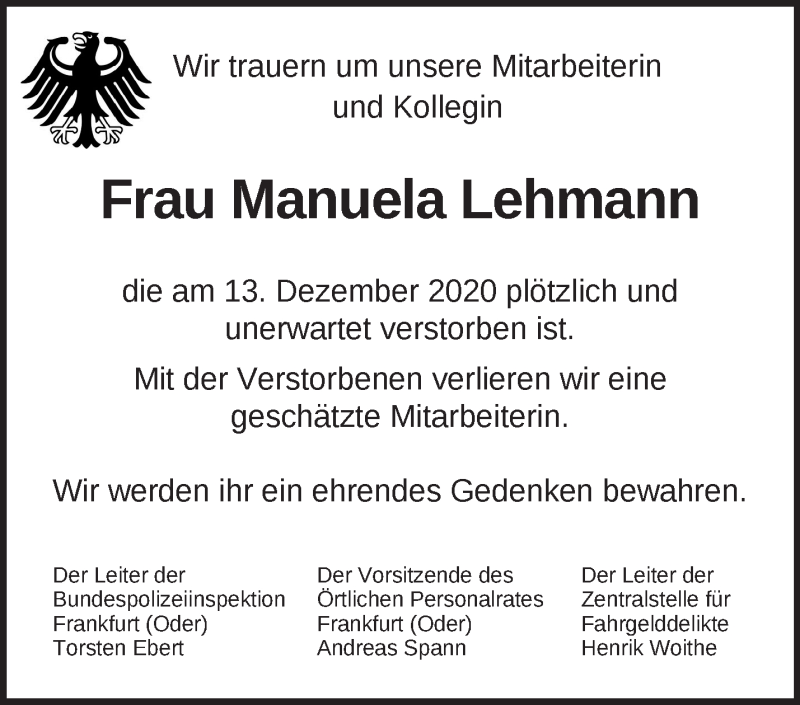  Traueranzeige für Manuela Lehmann vom 13.01.2021 aus Märkische Oderzeitung