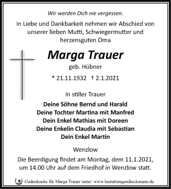 Traueranzeige von Marga  Trauer von Märkische Oderzeitung