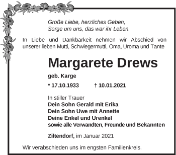 Traueranzeige von Margarete Drews von Märkische Oderzeitung