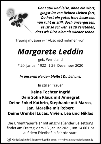 Traueranzeige von Margarete Leddin von Märkische Oderzeitung