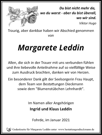 Traueranzeige von Margarete Leddin von Märkische Oderzeitung