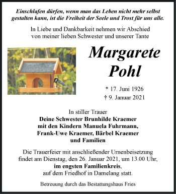 Traueranzeige von Margarete Pohl von Märkische Oderzeitung