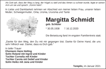 Traueranzeige von Margitta Schmidt von Märkische Oderzeitung