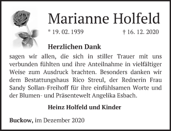 Traueranzeige von Marianne Holfeld von Märkische Oderzeitung